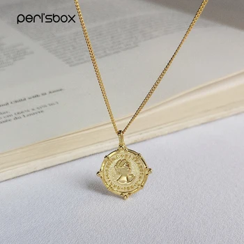 

Peri'sbox Gold Round Queen Elizabeth Portrait Necklace 925 Sterling Silver Coin Necklace Femme Irregular Edged Textured Necklace