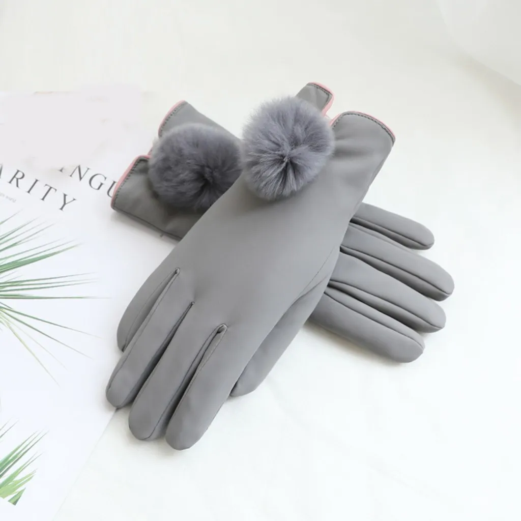 Ladies'Furry нагревательный шар декоративные дышащие теплые кожаные перчатки теплые кашемировые милые однотонные роскошные женские перчатки для вождения