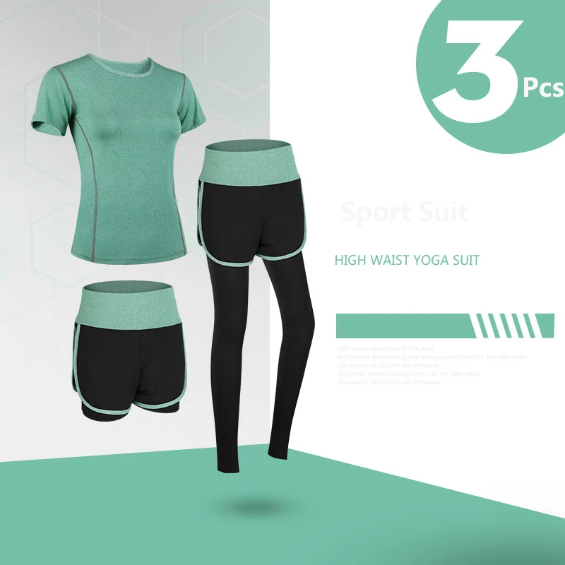 Женская спортивная одежда, одноцветная, набор для йоги, куртка, футболка, бюстгальтер, шорты, штаны, спортивная одежда для бега, спортзала, тренировки, фитнеса, одежда, спортивный костюм - Цвет: 3Pcs Tracksuit-GRE