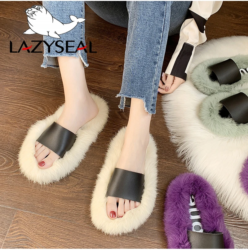 LazySeal/натуральные тапочки их меха под кролика; женская обувь; Домашние пушистые тапочки; теплые домашние шлепанцы; женские Вьетнамки; обувь из плюша на плоской подошве