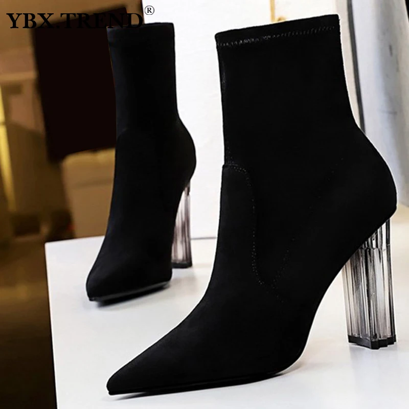 Women's Ankle Boots Sock Shoes Winter Warm High Heels Flock Pointed Toe Slip On Elegant Ladies Boot 2020 Autumn Hot Comfort Shoe