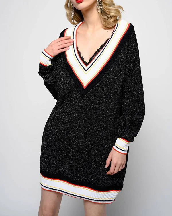 

Women Sweater 2019 Autumn and Winter New Color Contrast V-neck Large Loose Fashion Long Sweater