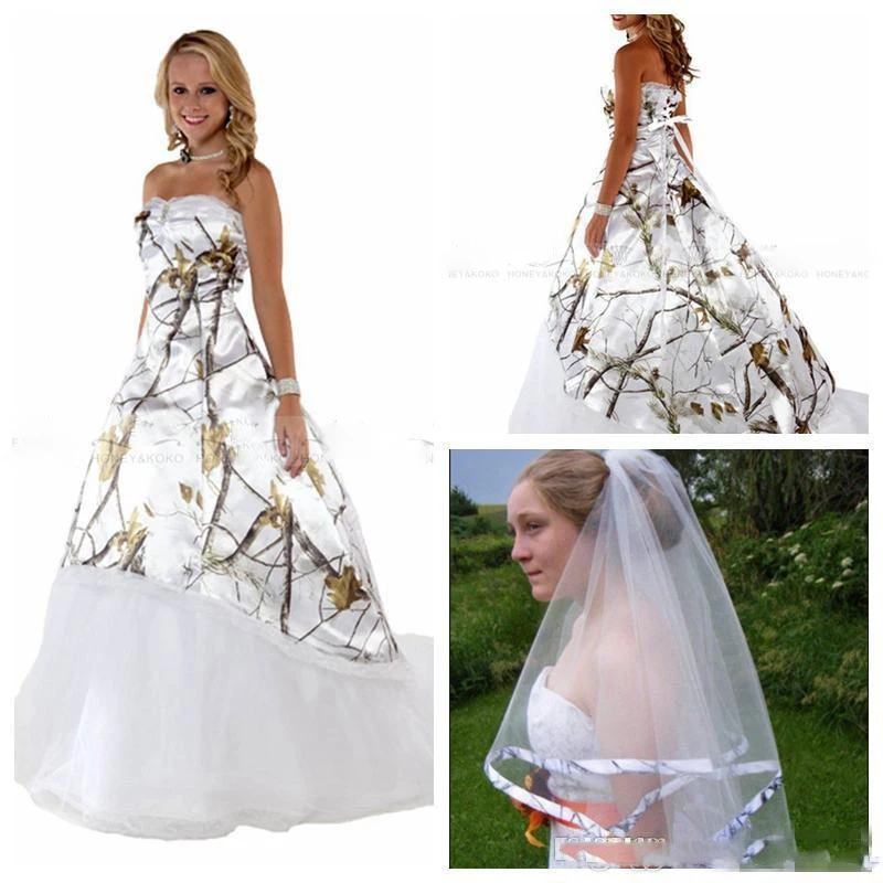 

Sweetheart Camo Wedding Dresses With Veil White Real Tree A-Line Bridal Gowns Lace Up Back Custom Camouflage Vestidos De Wedding