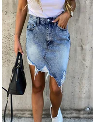 Nova marca mulher na moda retro lavado irregular denim saia feminina verão cintura alta denim saias elásticas bodycon hip saia jeans