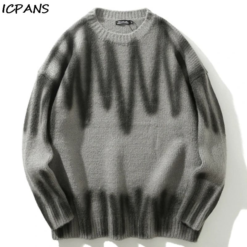 

ICPANS High Streetwear Sweater Pullover Men And Women swetry Couple Striped Print Loose retro Hip Hop Sweater Men