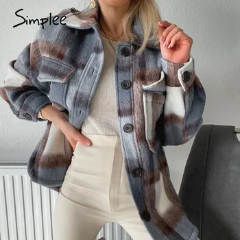 

Simplee Fashion blue plaid women coats long sleeve jacket ladies long woolen jacket casual plaid top female long shirt coat 2020