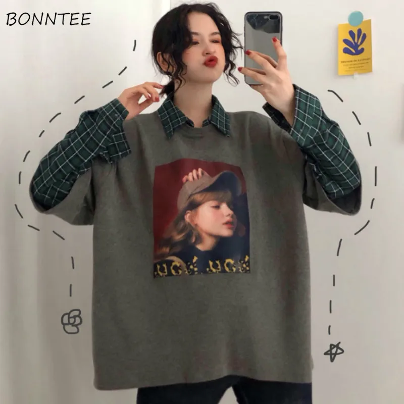 

Hoodies Women Autumn Trendy Harajuku Large Size Printed All-match Patchwork Loose Thin Womens Clothing Chic Soft Casual Ulzzang