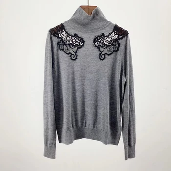 

2019 fall and winter new high neck hollow out lace embroidery women slim bottoming sweater