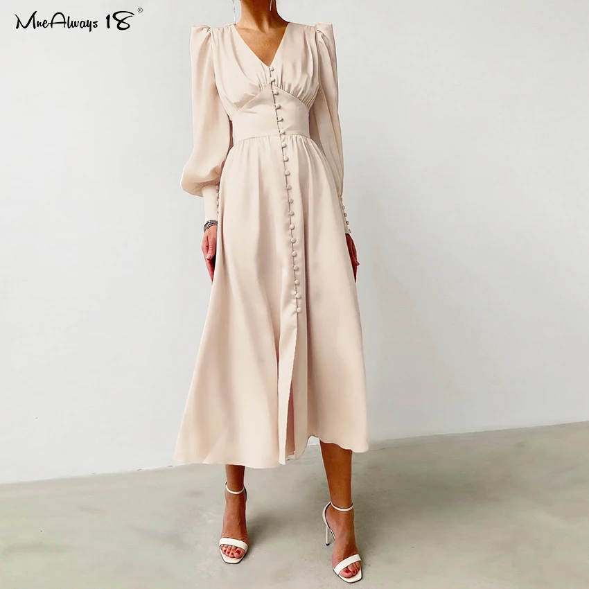

Mnealways18 Puff Sleeve Spring Satin Long Dress Women V-Neck Party Pleated Dresses Champagne Elegant Bodycon Dress Ladies Ruched