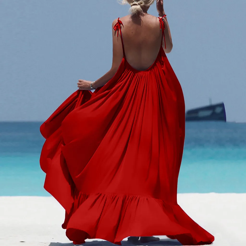 

Women Boho Maxi Solid Sleeveless Long Backless Dress Evening Party Sexy vestito spiaggia beach robe plage cover up strand jurk