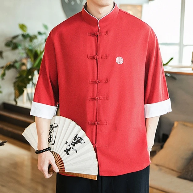 Мужская традиционная китайская одежда Hanfu Emboridery блузка Tang костюм льняная рубашка с коротким рукавом винтажный китайский топ Wu Shu Tai Chi - Цвет: Red