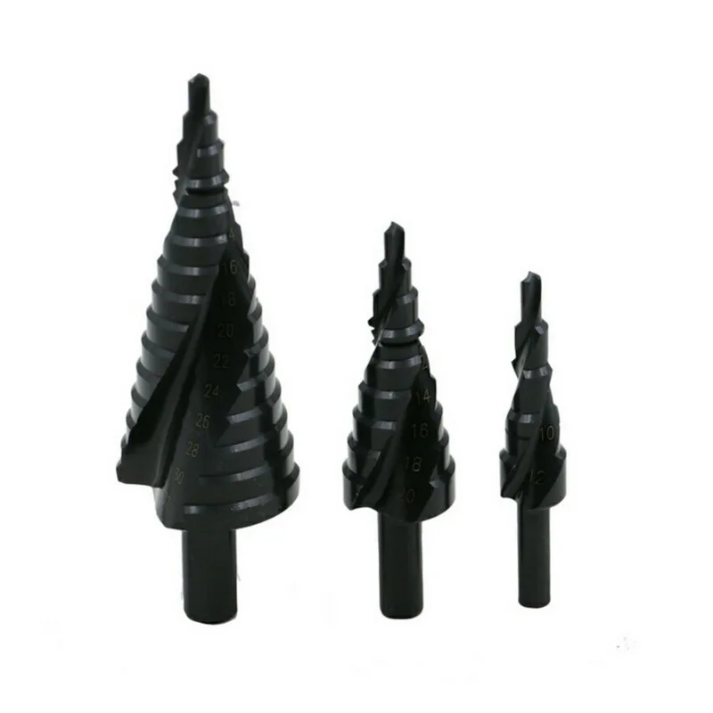 

Set of 3 high-speed steel nitrided black spiral groove triangular shank titanium plated step drills