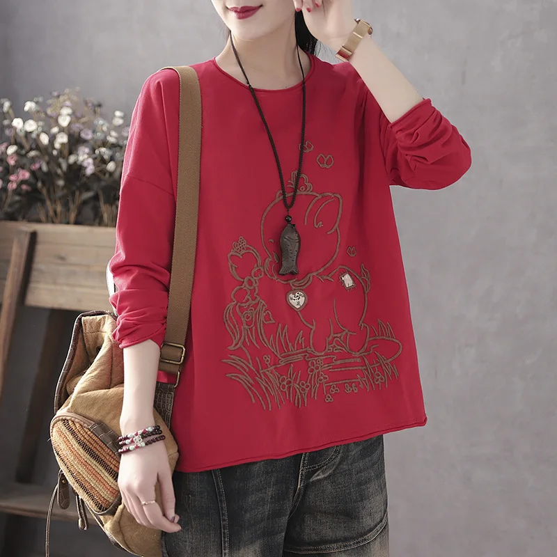 T shirts red Весна и осень новая свободная рубашка большого размера свободная футболка с круглым вырезом и длинным рукавом хлопковая футболка s для женщин футболка для женщин - Цвет: T shirts red