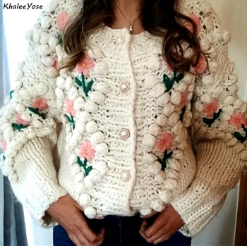 

KHALEE YOSE Cream Floral Embroidery Cardigan Sweater Thick Handmade Autumn Winter Long Sleeve Oversized Chic Sweaters Cardigan