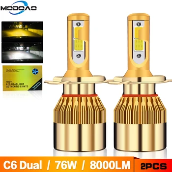 

2Pcs C6 LED Headlights Dual Bulbs Gold Conversion Kit H4 Hi-Lo Light 76W 9600LM H1 H3 H7 HB3 HB4 9004 9005 Auto C6 COB Car 6000K