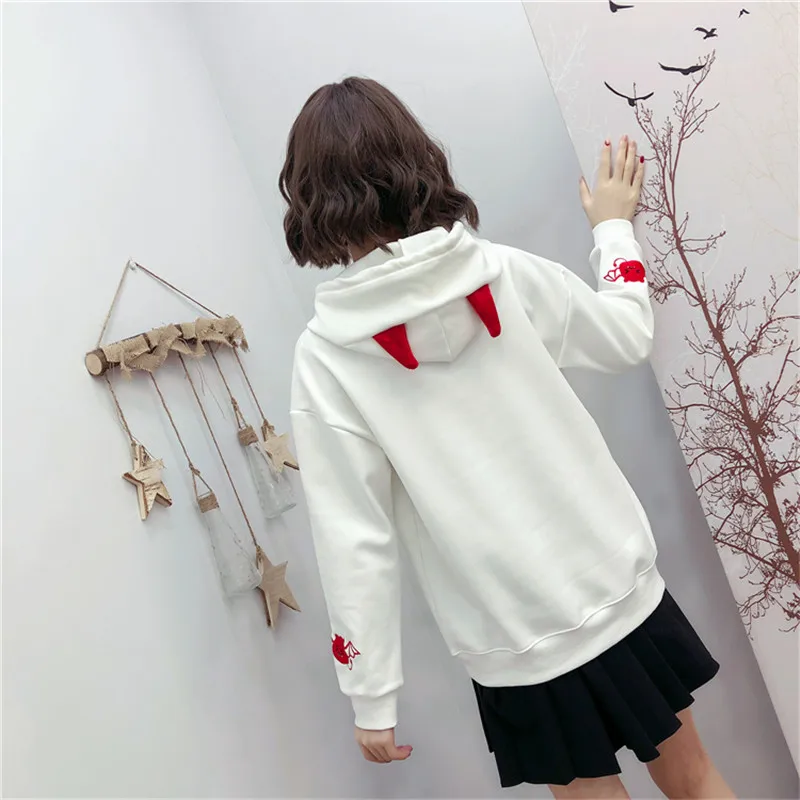 Merry Pretty women Cotton Hoodies Sweatshirts with ears Harajuku Black Devil Embroidery Hooded Swea