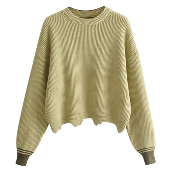 

New Women Knit Sweaters Pullover Pull Jumpers Autumn Winter Knitted Loose-Fitting Wave Hemline Round Collar Long Sleeve Sweaters