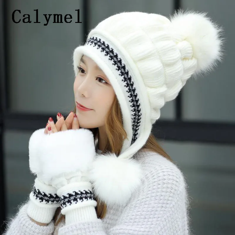 Calymel осень-зима новая шерстяная вязаная шапка плюс бархатная Толстая зимняя шапка перчатки Набор Женская наружная теплая шляпа и перчатки