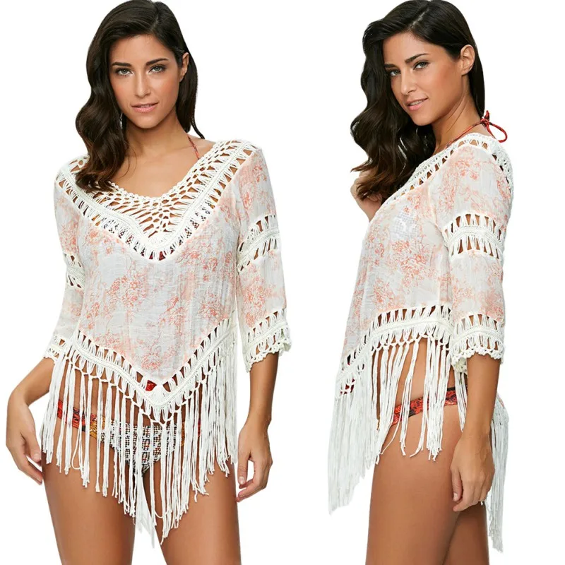 Lady Women's Summer Sexy Cotton Knitting Hook Flower Cutout Deep V Tassel Beach Coverup Sun Protection fringe end cover ups