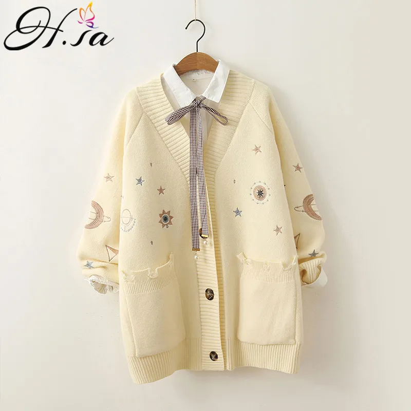

2019 Women Winter Sweater Knitting Cardigans V neck Stars Moon Embroidery Long Sweater Jacket Pink Christmas Cardigans