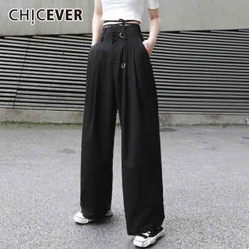 

CHICEVER Korean Lace Up Pant For Women High Waist Tunic Hollow Out Large Size Loose Wide Leg Trouser Female 2020 New Clothes