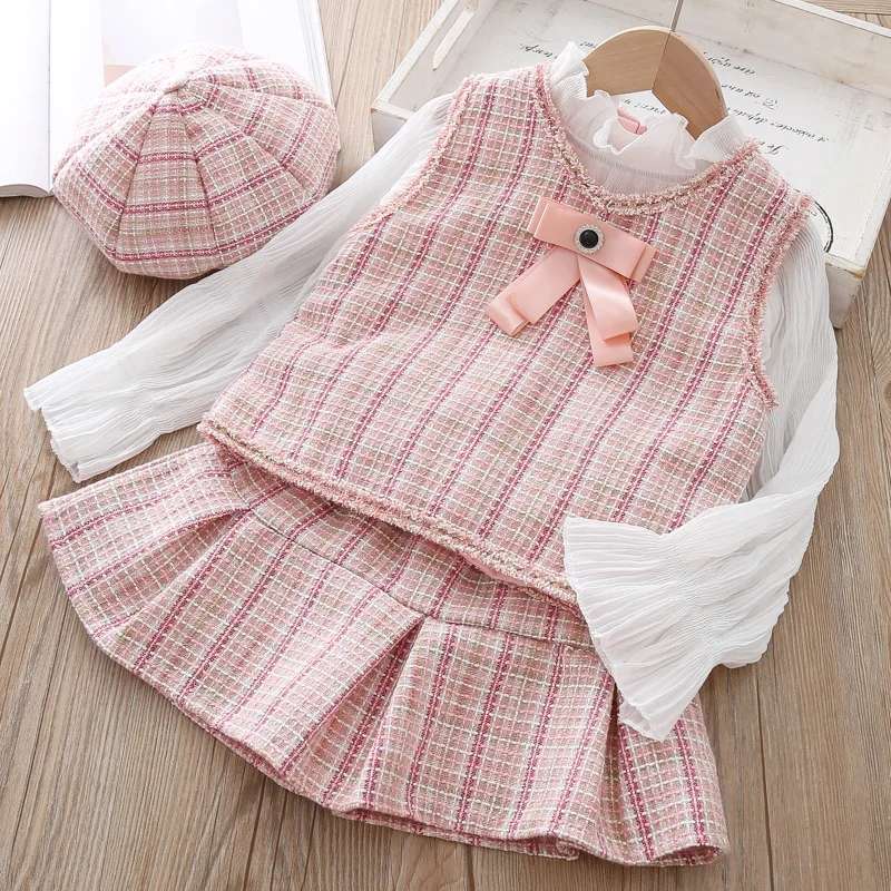 Детский комплект одежды для девочек модный костюм для девочек, осенне-Весенняя Детская куртка жилет+ юбка шляпа, 3 предмета, одежда для детей 6 лет