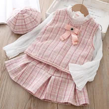 Детский комплект одежды для девочек модный костюм для девочек, осенне-Весенняя Детская куртка жилет+ юбка шляпа, 3 предмета, одежда для детей 6 лет