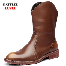 Men Motorcycle Boots Vintage Combat Boot Winter Fur Genuine Cow Leather Waterproof Buckle Military Boots Men Increase Shoes