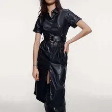 Новинка, модное женское элегантное платье из искусственной кожи с поясом, женское винтажное платье с коротким рукавом в стиле ретро, черные коричневые платья средней длины Destido