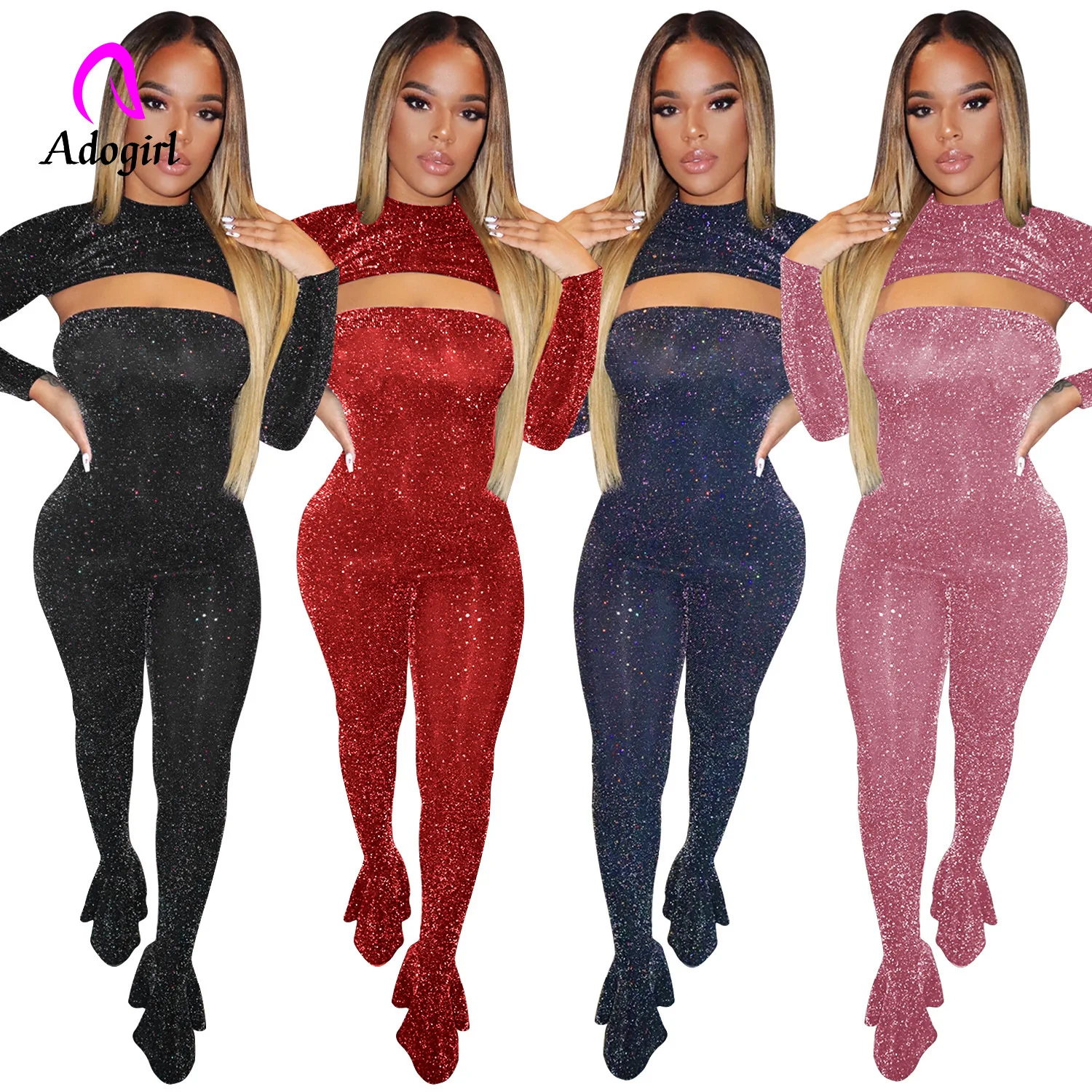 

Sparkling Solid Two Piece Set Tracksuit Autumn New Long Sleeve Women Set Suit Mini Top Flared Jumpsuit Set Sexy Club Wear Outfit