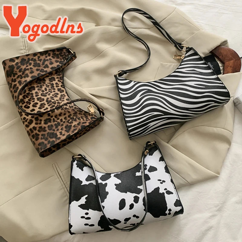 Trendy Cow Pattern Women's Bag PU Leather Shoulder Bag Vintage Armpit Bag Leopard Underarm Bag Lady Handbag