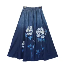 Makuluya джинсовые ретро женские литературные Белые пионы Печатный узор Винтаж китайский стиль эластичный пояс длинные плиссированные юбки BHL6