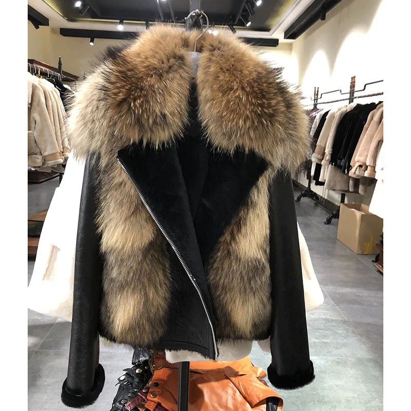 Women Sheepskin Coat With Real Sheep Fur Inside And Natural Raccoon Fur Collar Silver Fox Fur Trim Winter Jacket For Women Warm