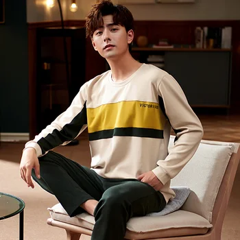 

Autumn Winter Knitted Cotton Men's Pyjamas Casual Pajamas Set Male Sleepwear Pyjamas Nightsuits Pijama XXL Homewear