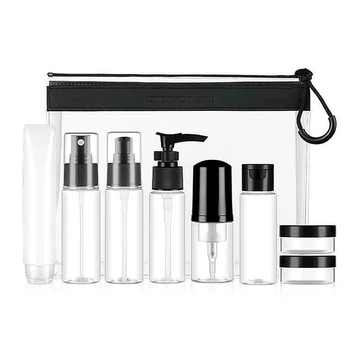 

9 Pcs Plastic Portable Travel Cosmetics Lotion Home Container Spray Refillable Clear Sub Bottle Set Transparent Empty Black