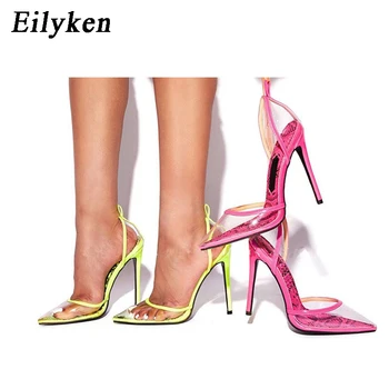 

Eilyken 2020 New Mei Red Serpentine PVC Transparent Pointed Toe Ankle Buckle Strap Female Wedding Shoes Sexy Pumps High Heels