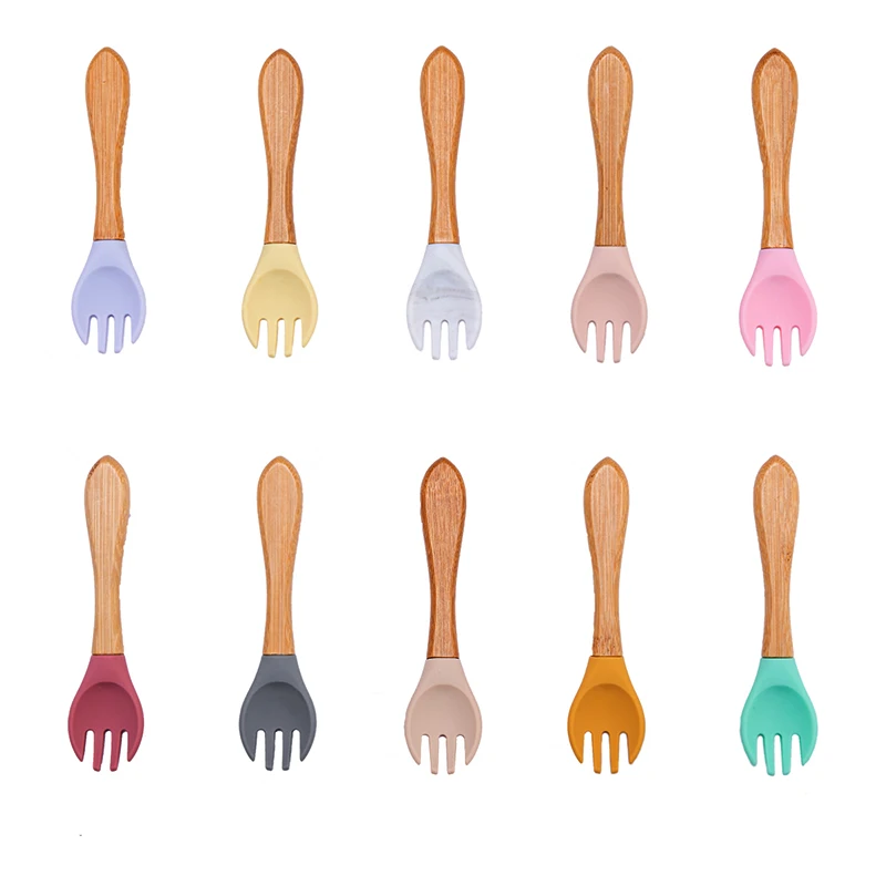 Tenedor de bambú de silicona para bebé, cuchara de alimentación de bebé, accesorios de alimentación para niño pequeño, sin BPA orgánico, material de grado alimenticio, Uds.