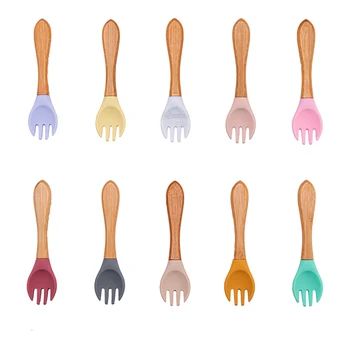 

1PCS Baby Bamboo Fork Silicone Wooden Baby Feeding Spoon Toddlers Infant Feeding Accessories Organic BPA Free Food Grade Materia