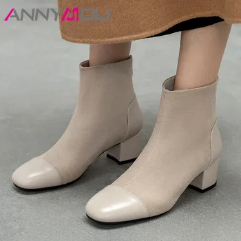 

ANNYMOLI High Heel Ankle Boots Woman Boots Zipper Block Heel Short Boots Square Toe Ladies Shoes Autumn Apricot Large Size 33-43