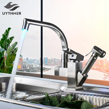 

Uythner Brushed Nickle Dual Spout Pull Out Kitchen Faucets Deck Mounted Shower Sprayer Kitchen Taps with Hot Cold Water Pipes