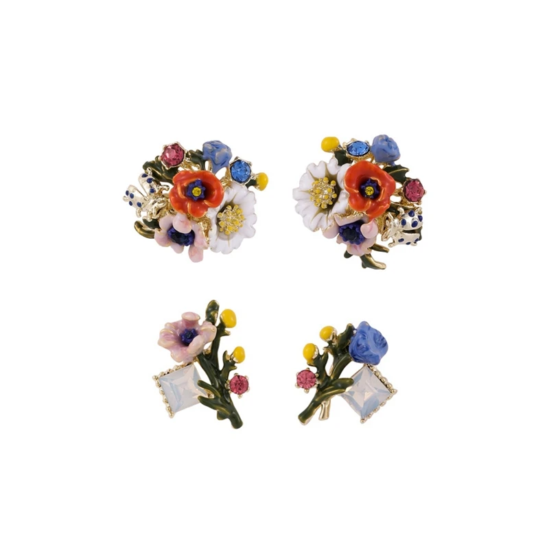 Enamel glaze flower earrings 925 silver needle fashion dripping crystal asymmetric daisy accessories