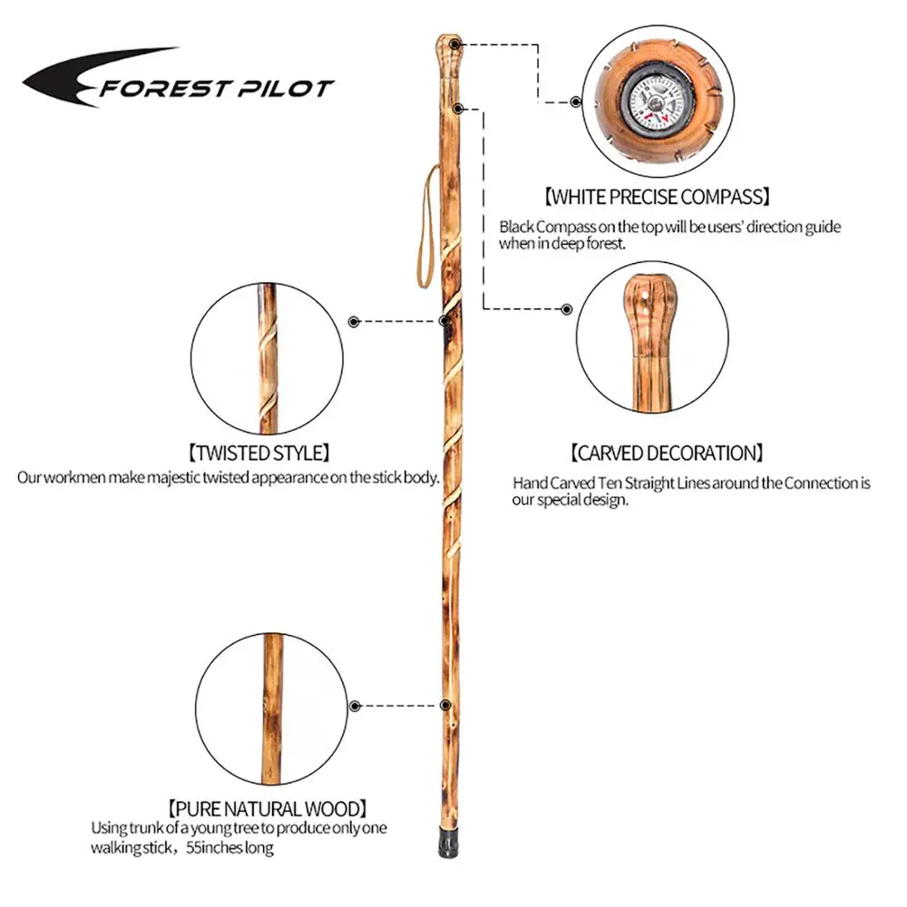 Nature Color, 55 Inches, 1 Piece FOREST PILOT Bark-Keeping Clumpy Pattern Wooden Walking Stick with a Compass