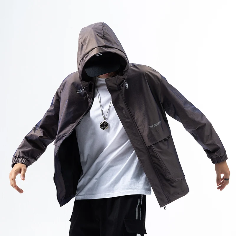 New Arrival Autumn Letter Printed Stylish Casual Men's Hooded Jacket Fashion Up-Zipper Front Windbreaker Coat Big Size Windproof