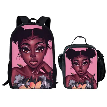 

HYCOOL Black Afro Lady Girl Printing School Bags Set For Children Pink Cute Lunch Book Bags Infant Student Kids Cartoon Satchel