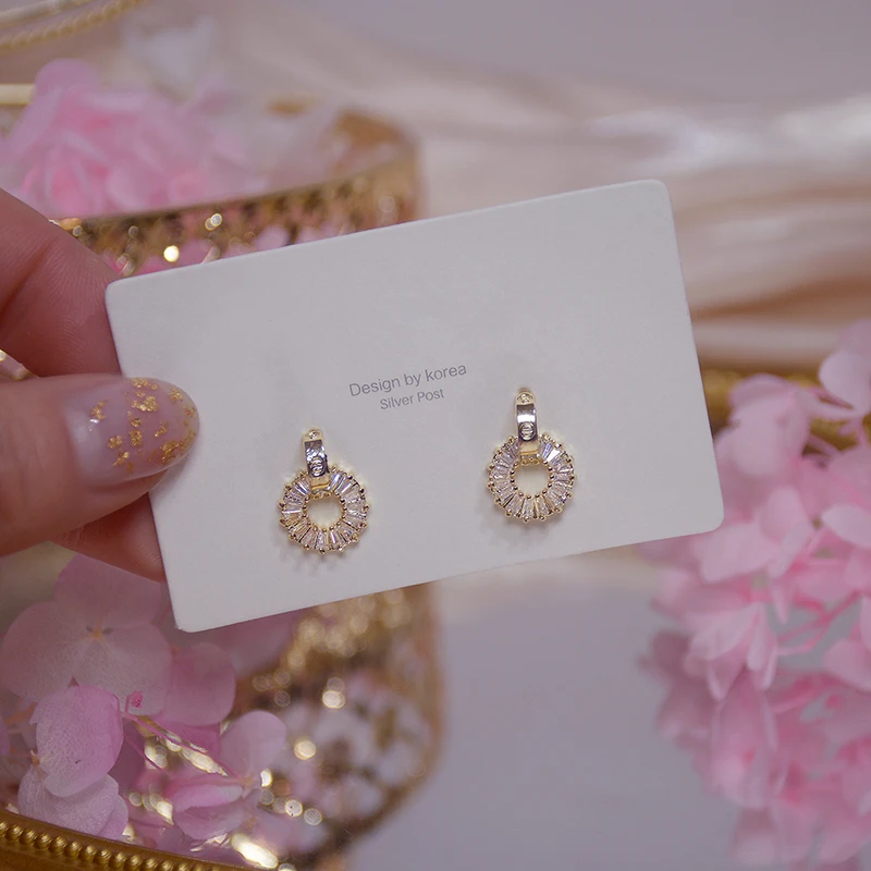 14k Real Gold Luxury Tiny CZ Earring Exquisite Round Zircon Anti-allergy Top Quality Stud Earring Circle Jewelry Pendant Gift