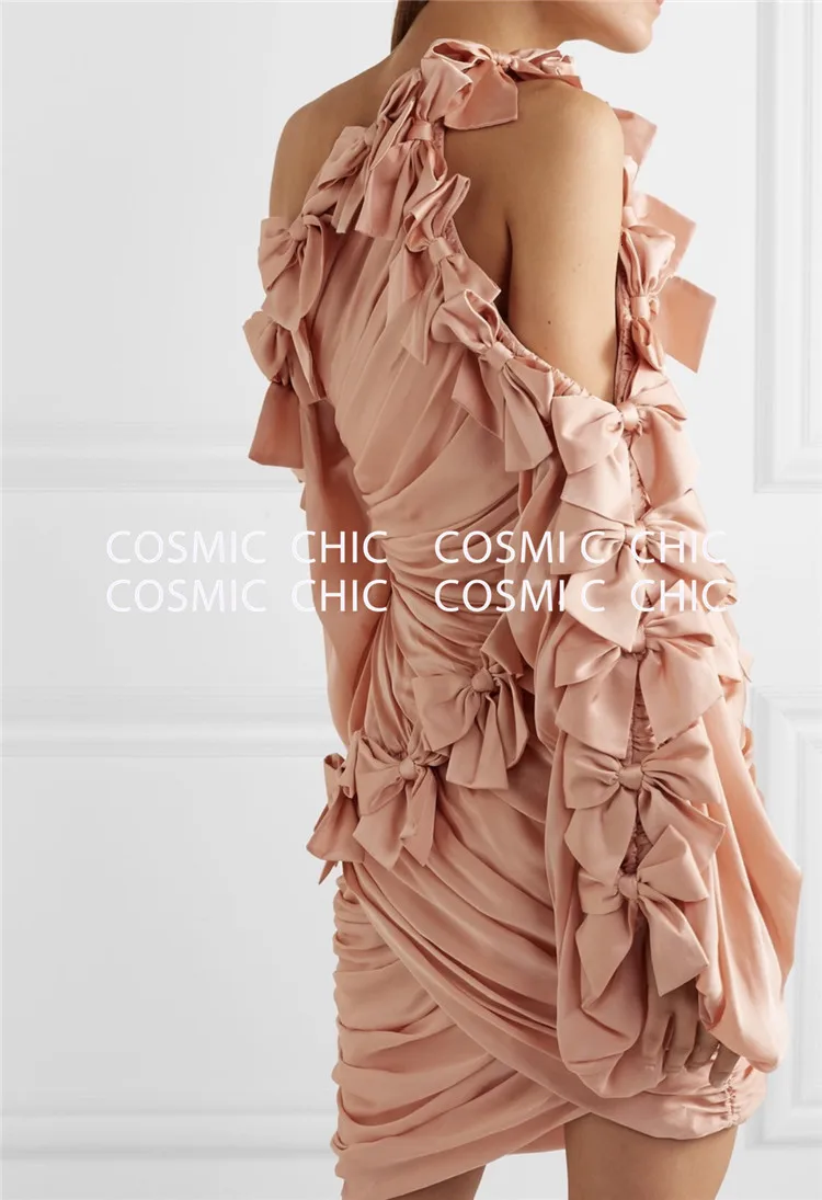 Cosmicchic элегантные сексуальные нестандартные платья с бантом и открытыми плечами, мини платья для вечеринок, косой воротник, фонарь, длинный рукав, облегающее розовое платье