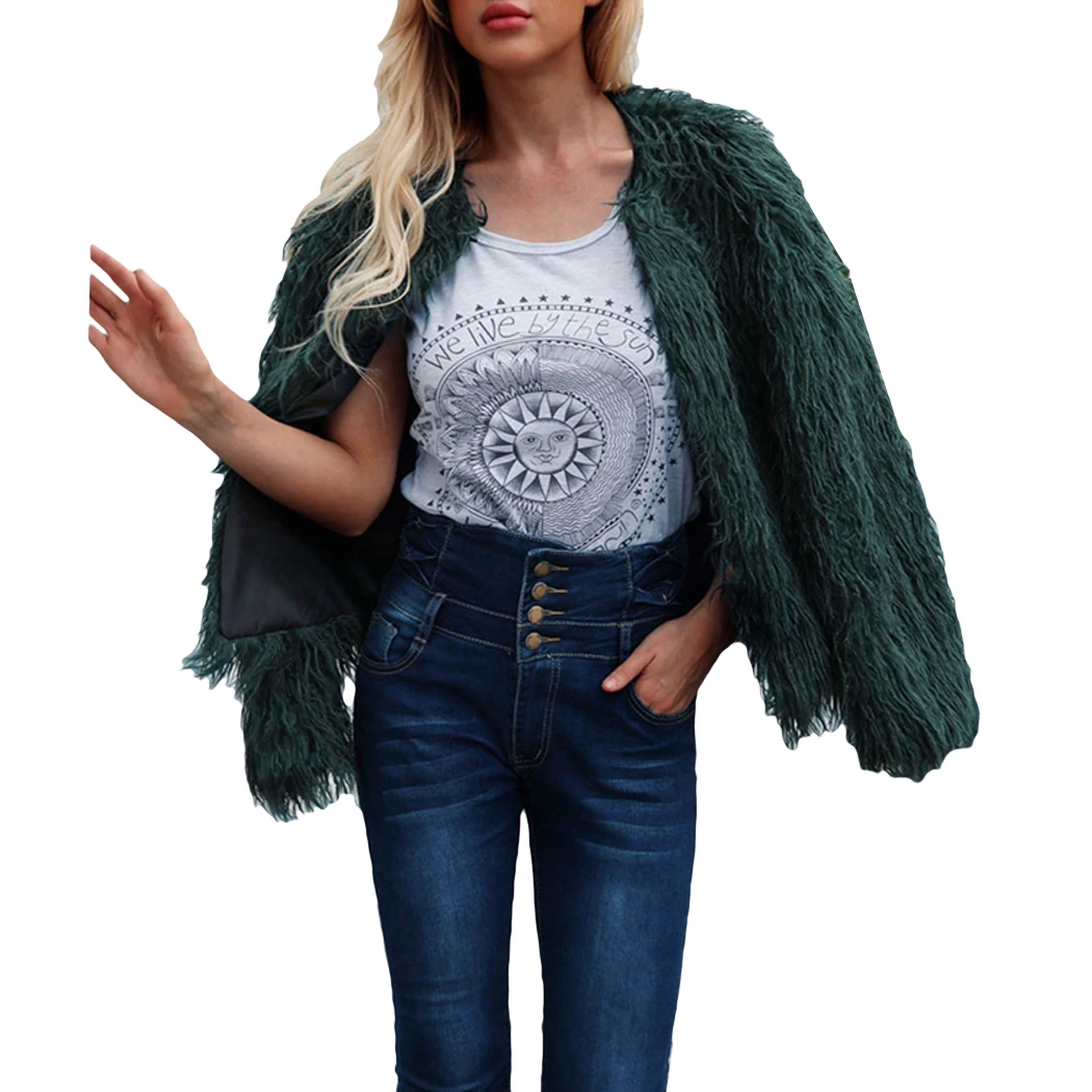 Элегантный меховое зимнее теплое пальто с искусственным мехом для маленьких пальто Для женщин пышная одежда больших размеров с длинным рукавом Размеры верхняя одежда, пальто, куртка волосатые воротника пальто - Цвет: Dark Green
