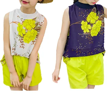 

Girls Casual Clothing Sets Summer Mesh Cotton Sleeveless Round Neck Flowers Shirt Top Shorts Kit