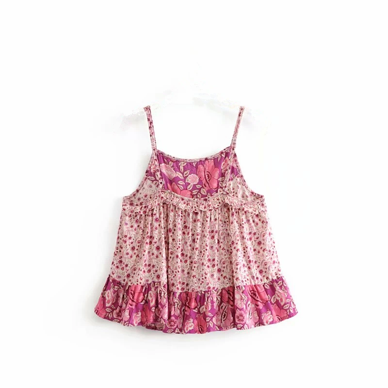 Boho chic, женский розовый короткий топ без рукавов с цветочным принтом, богемный пляжный жилет, короткая майка из искусственного шёлка с оборками, уличная одежда для женщин