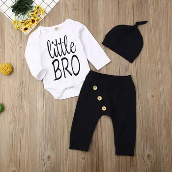 

Baby Boy Little Brother Clothes Set 2019 Toddler Newborn Infant Long Sleeve Bodysuit Buttons Pants Hat 3PCS Outfits Clothing